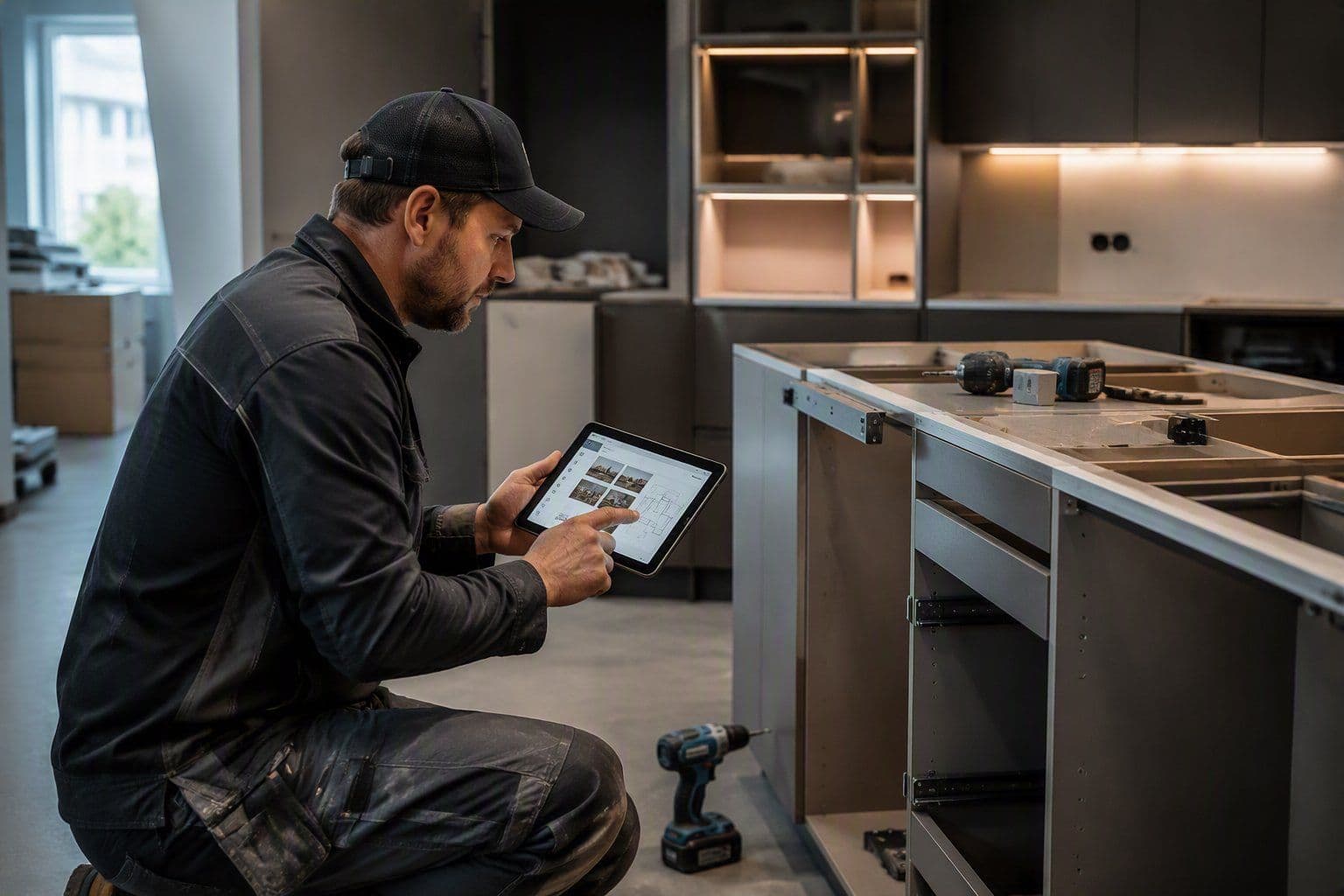 Monteur bekijkt de montagegegevens op een tablet in de keuken