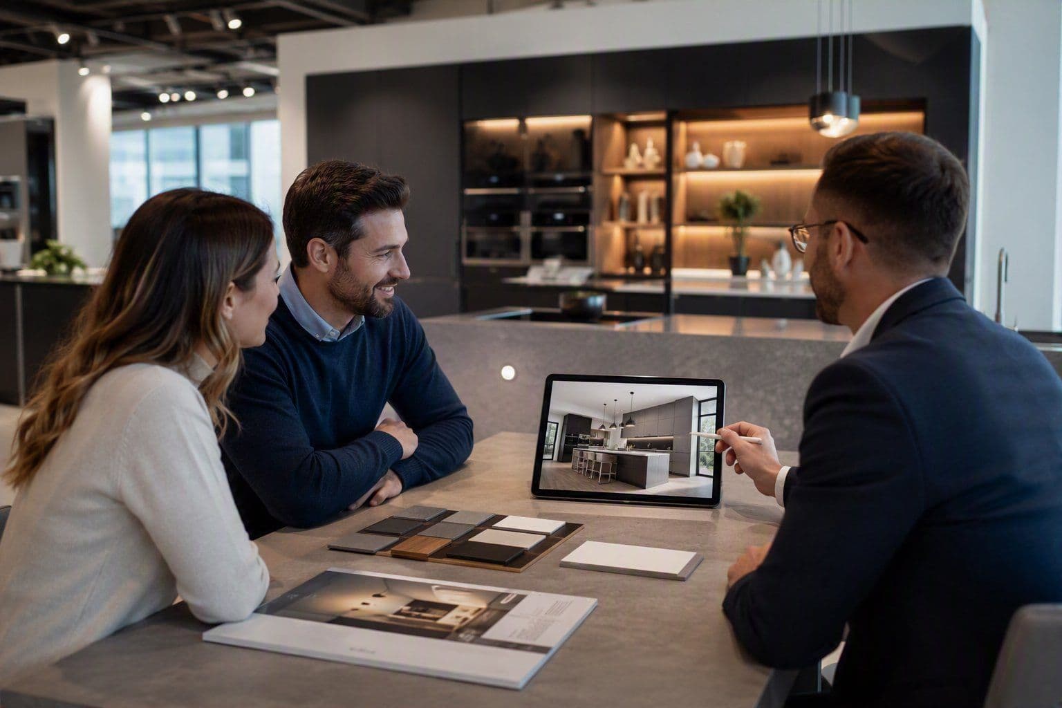 Verkoopgesprek in de showroom met een keukenontwerp op tablet